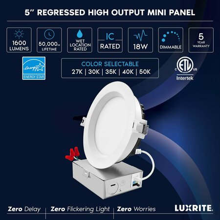 Luxrite 5 Inch LED Recessed Downlight 5CCT 2700K-5000K 18W 1600LM Dimmable Wet Rated IC Rated LR22634-1PK